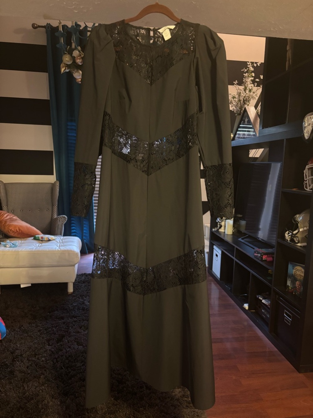 H&M Olive Green Maxi Dress with Lace Insets